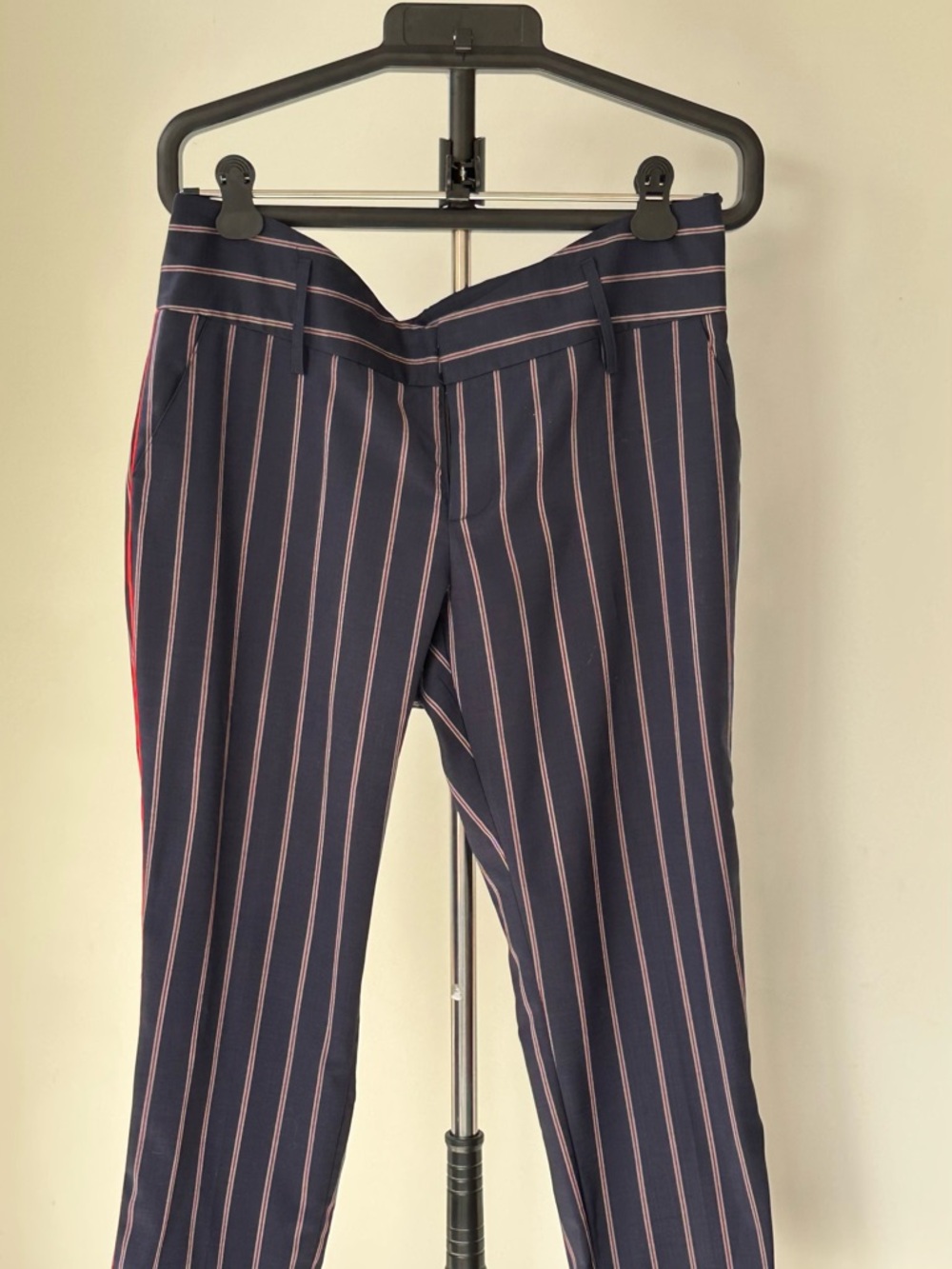 Smythe Navy Pinstripe Straight-Leg Pants with Red Side Stripe